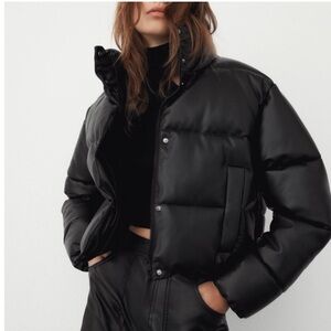 ZARA Faux Black Leather Puffer Jacket